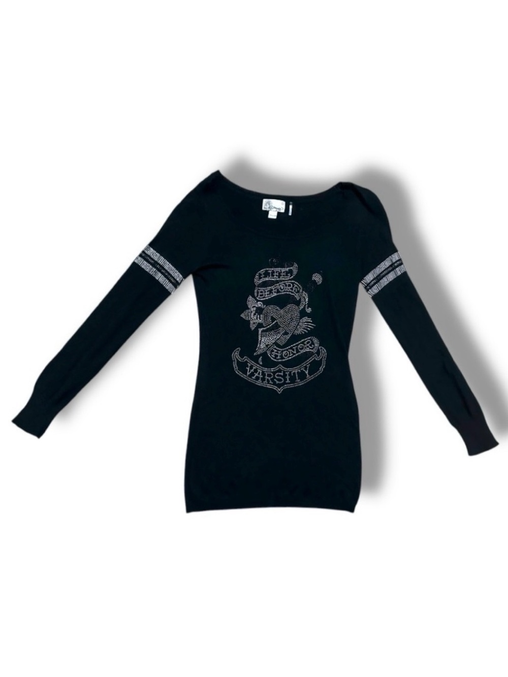 Ed Hardy Black Rhinestone Tattoo Tunic Sweater Women’s Size Small Y2K SK8 Fitted